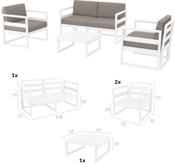 MYKONOS 133 SET [3 SEATER + 2x1 SEATER & COFFEE TABLE] WHITE/TAUPE - Image 2