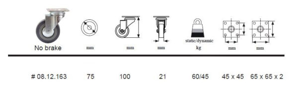 SISO STEEL FORK CASTOR WHEEL W/PLATE W/OUT BRAKE 75mm 70kg ART. 08.12.163 - Image 3