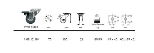 SISO STEEL FORK CASTOR WHEEL W/PLATE & BRAKE 75mm 70kg ART. 08.12.164 - Image 3