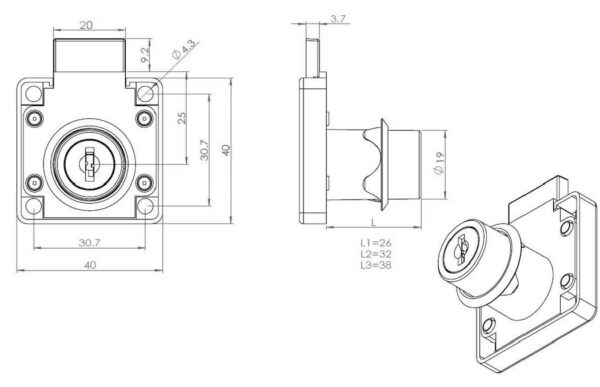 SISO RIM DRAWER LOCK CL-X850 19X32mm ART. 14.01.080-0 NICKEL PLTD - Image 3