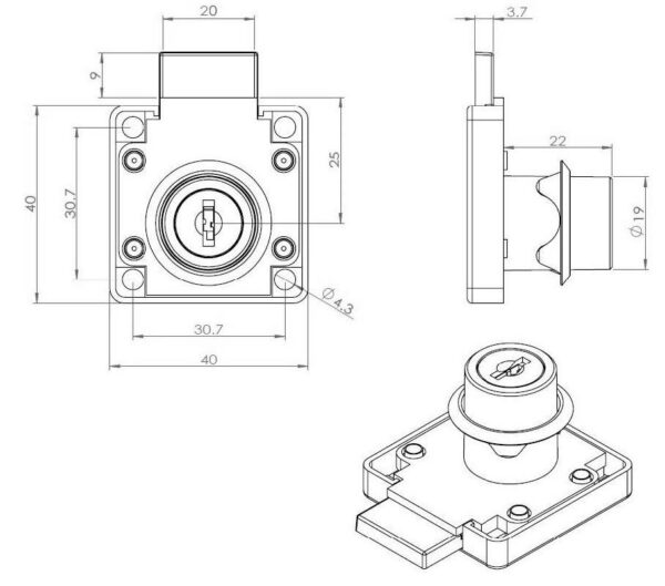 SISO RIM LOCK CL-X850 19X22mm LEFT NICKEL PLTD ART. 14.01.070 - Image 4