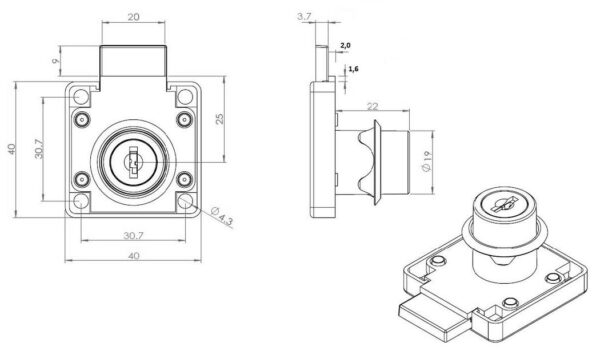 SISO RIM DRAWER LOCK CL-X850 19X22mm ART. 14.01.067 BLACK - Image 3