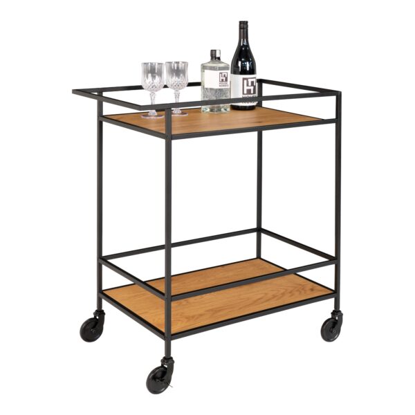 VITA BAR TROLLEY. BLACK FRAME AND TWO OAK-LOOK SHELVES ON WHEELS (68X40X79cm) ART: 2101535