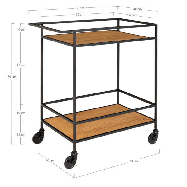 VITA BAR TROLLEY. BLACK FRAME AND TWO OAK-LOOK SHELVES ON WHEELS (68X40X79cm) ART: 2101535 - Image 2